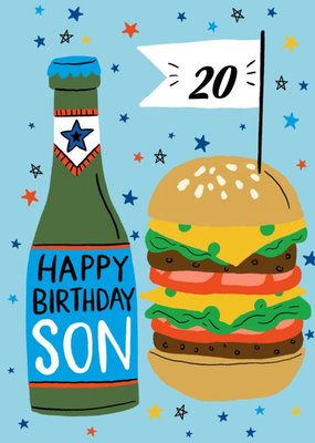 Happy Birthday 20th Son Illustrated Beer Bottle and Burger Birthday Card