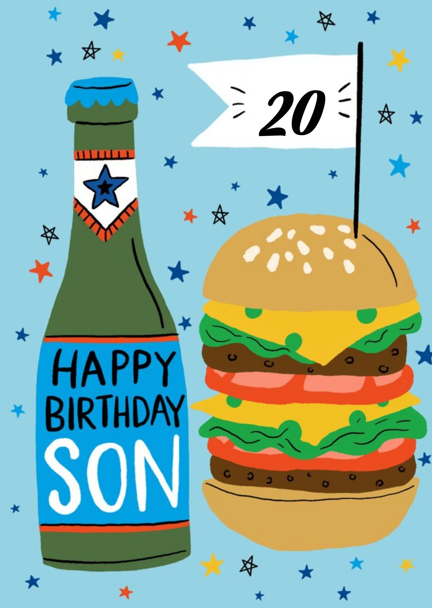Moonpig Happy Birthday 20th Son Illustrated Beer Bottle And Burger Birthday Card Ecard