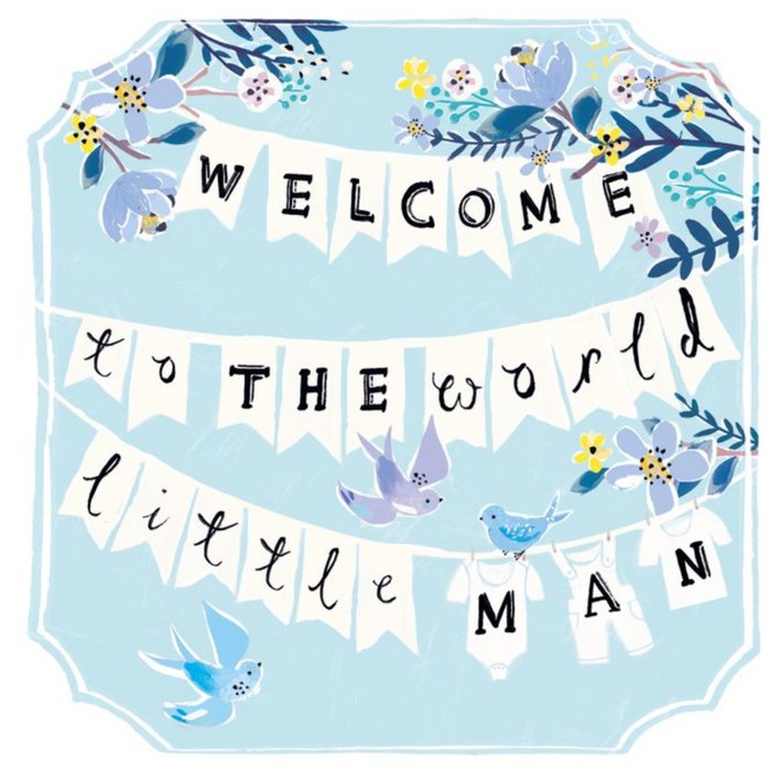 Bunting And Birds Welcome To The World Little Man Personalised Baby Boy Card