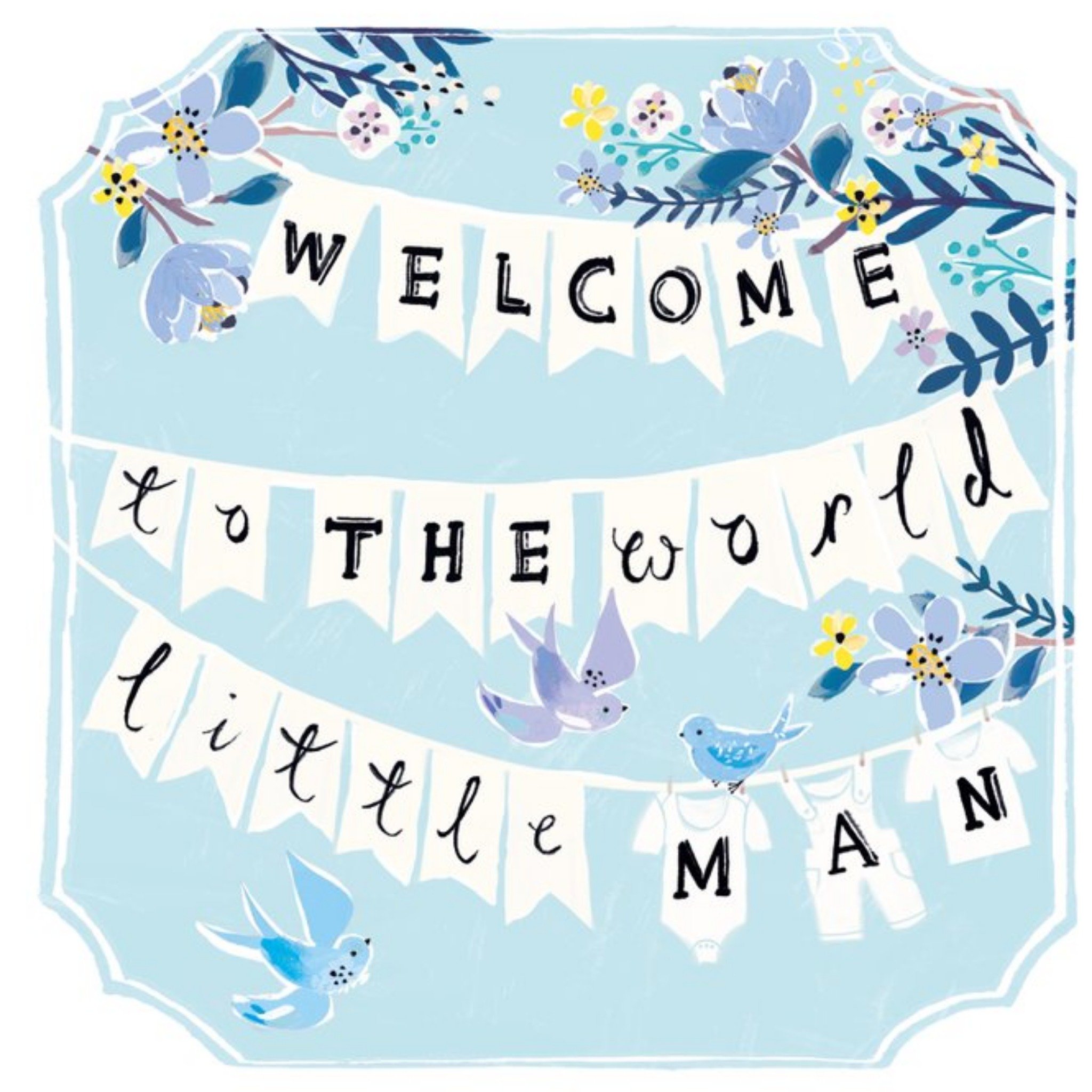 Bunting And Birds Welcome To The World Little Man Personalised Baby Boy Card, Square