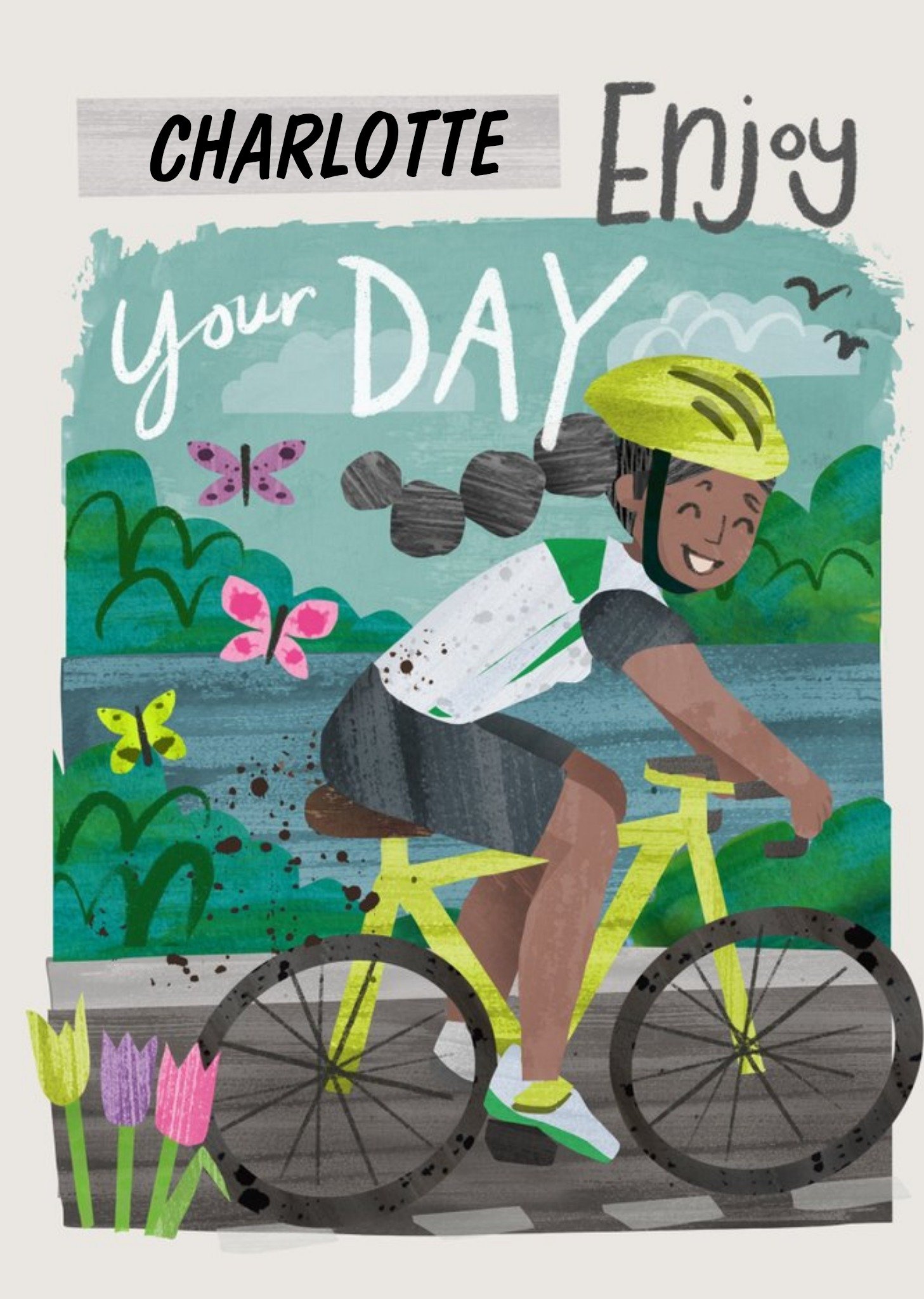 Illustration Of A Girl Cycling. Enjoy Your Day Birthday Card Ecard