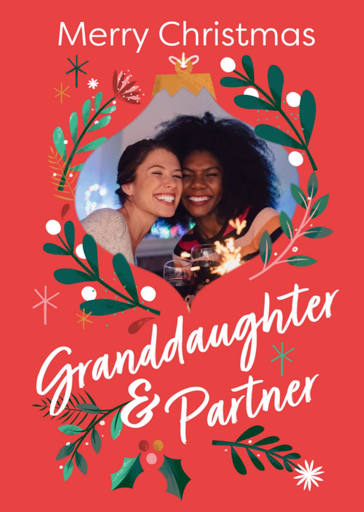 Moonpig Retro Festive Bauble Photo Upload Granddaughter And Partner Christmas Card Ecard