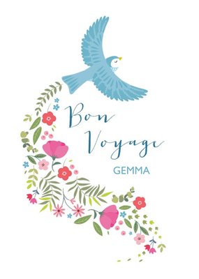 Blue Bird Flying With A Trail Of Flowers Personalised Bon Voyage Card