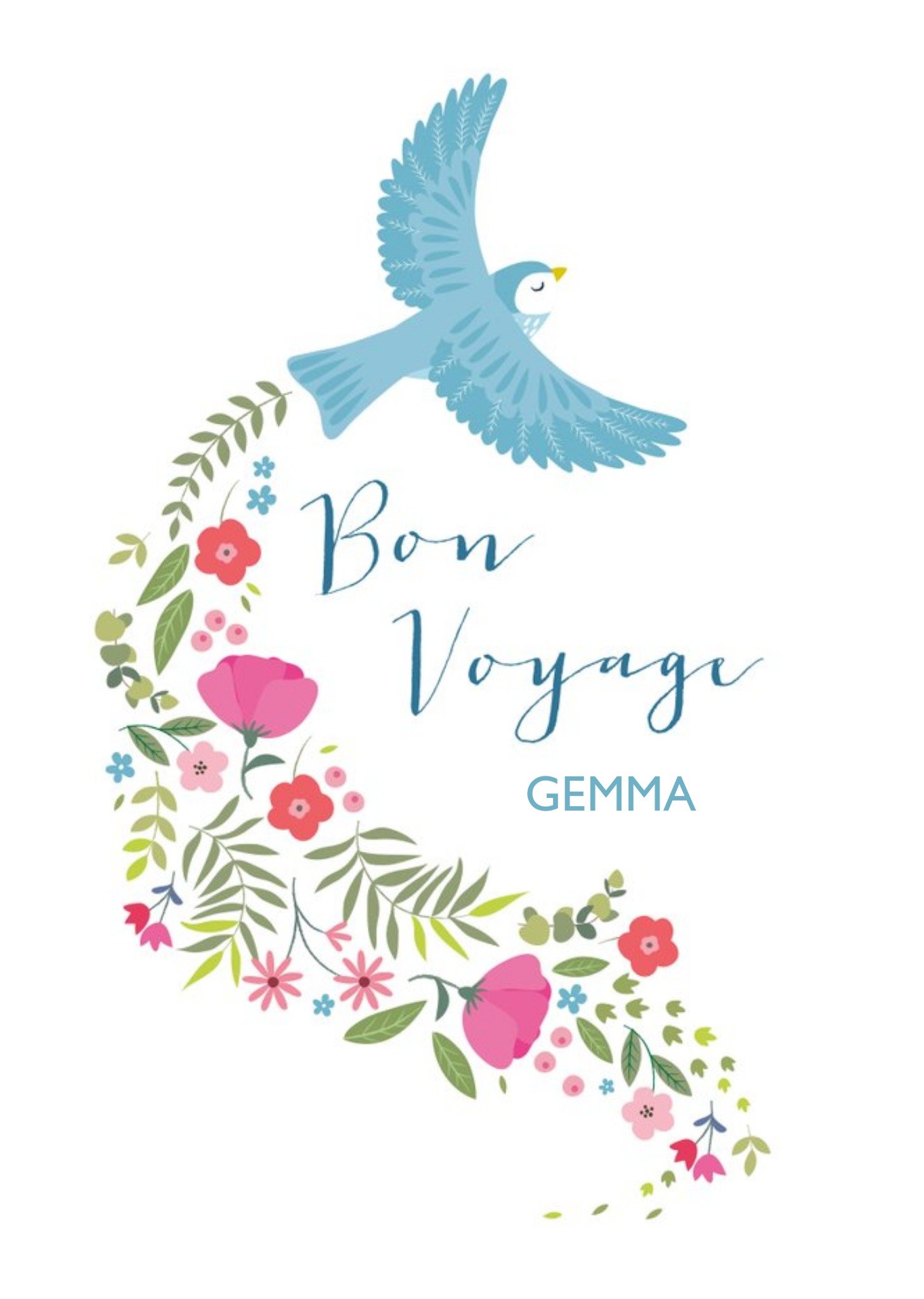 Blue Bird Flying With A Trail Of Flowers Personalised Bon Voyage Card