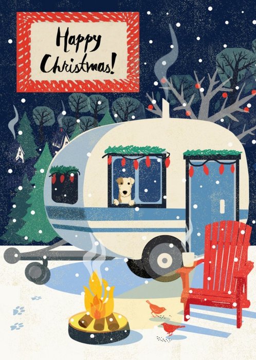 Illustration Of A Winter Scene With A Campfire And A Caravan Happy Christmas Card