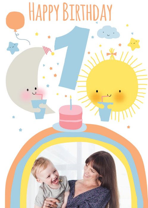 Cute Moon And Sun Personalised Photo Upload Happy 1st Birthday Card