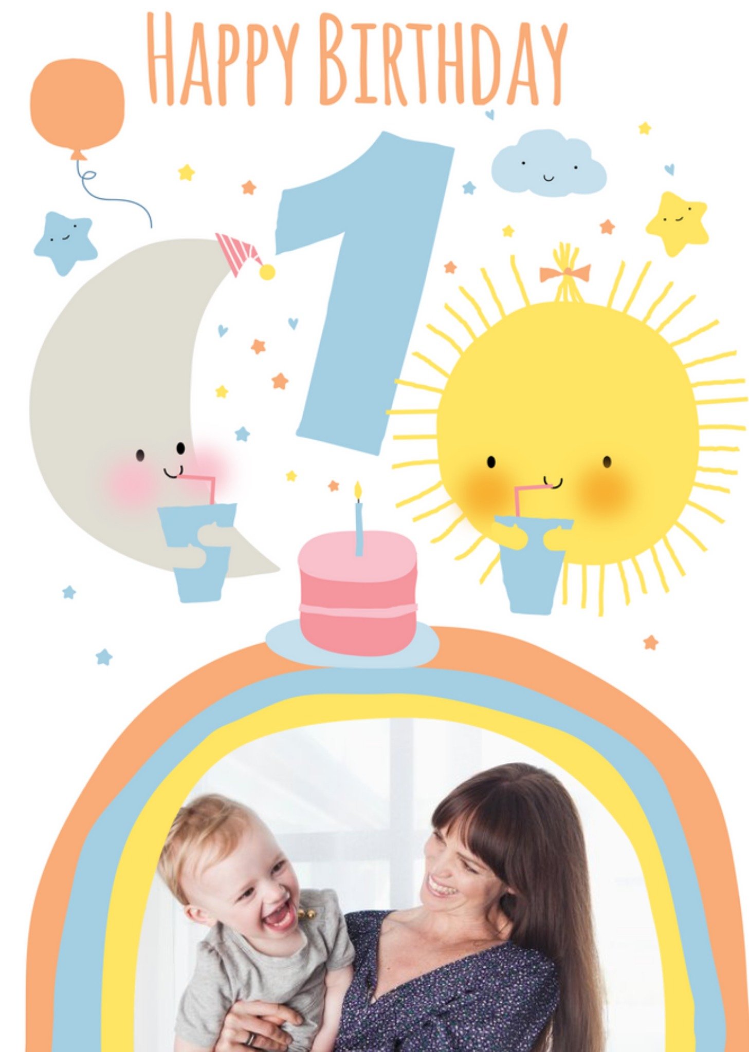 Cute Moon And Sun Personalised Photo Upload Happy 1st Birthday Card Ecard