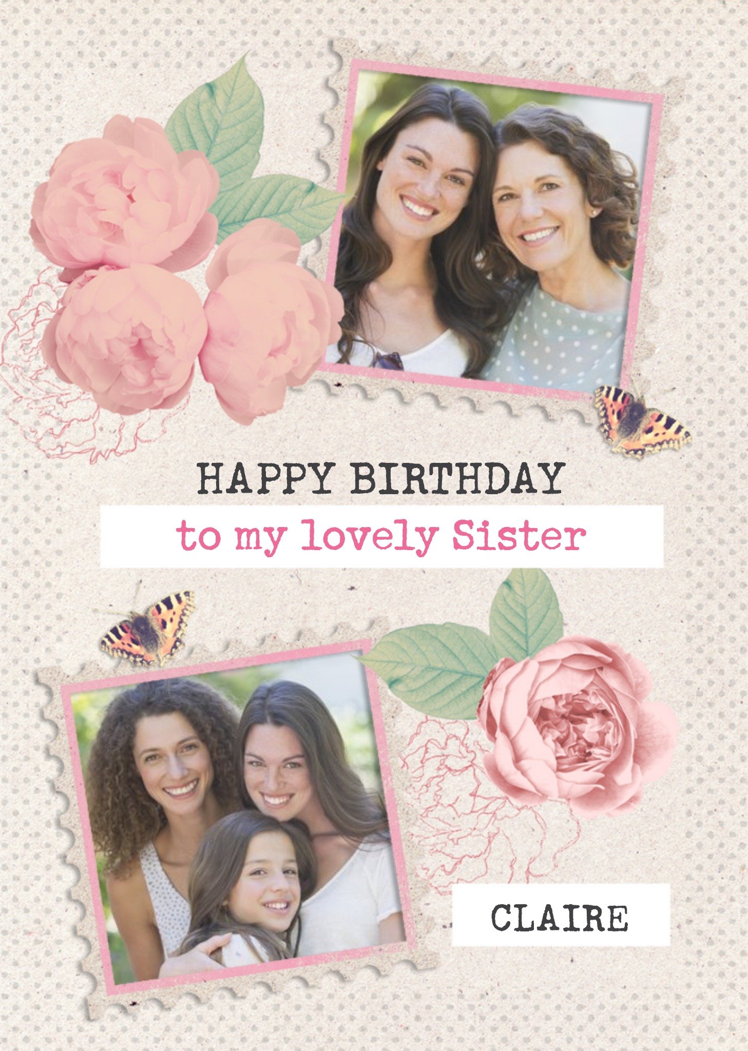Moonpig Roses And Butterflies Personalised Photo Upload Happy Birthday Card For Sister, Large