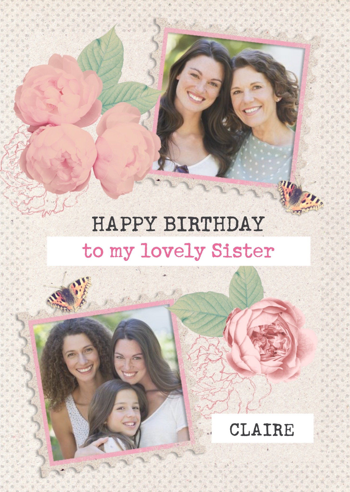 Roses And Butterflies Personalised Photo Upload Happy Birthday Card For Sister Ecard