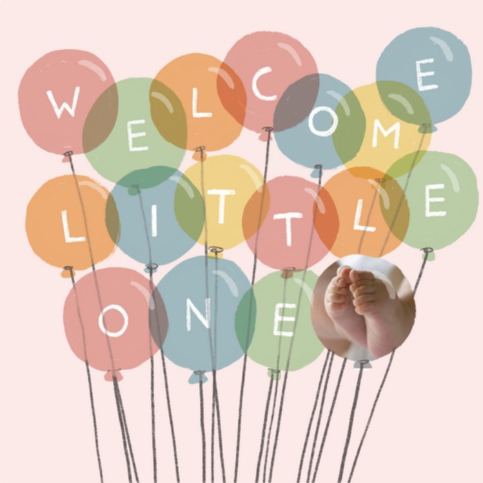 Katy Welsh Illustration of a Bunch of Balloons that read Welcome Little One Photo Upload Card