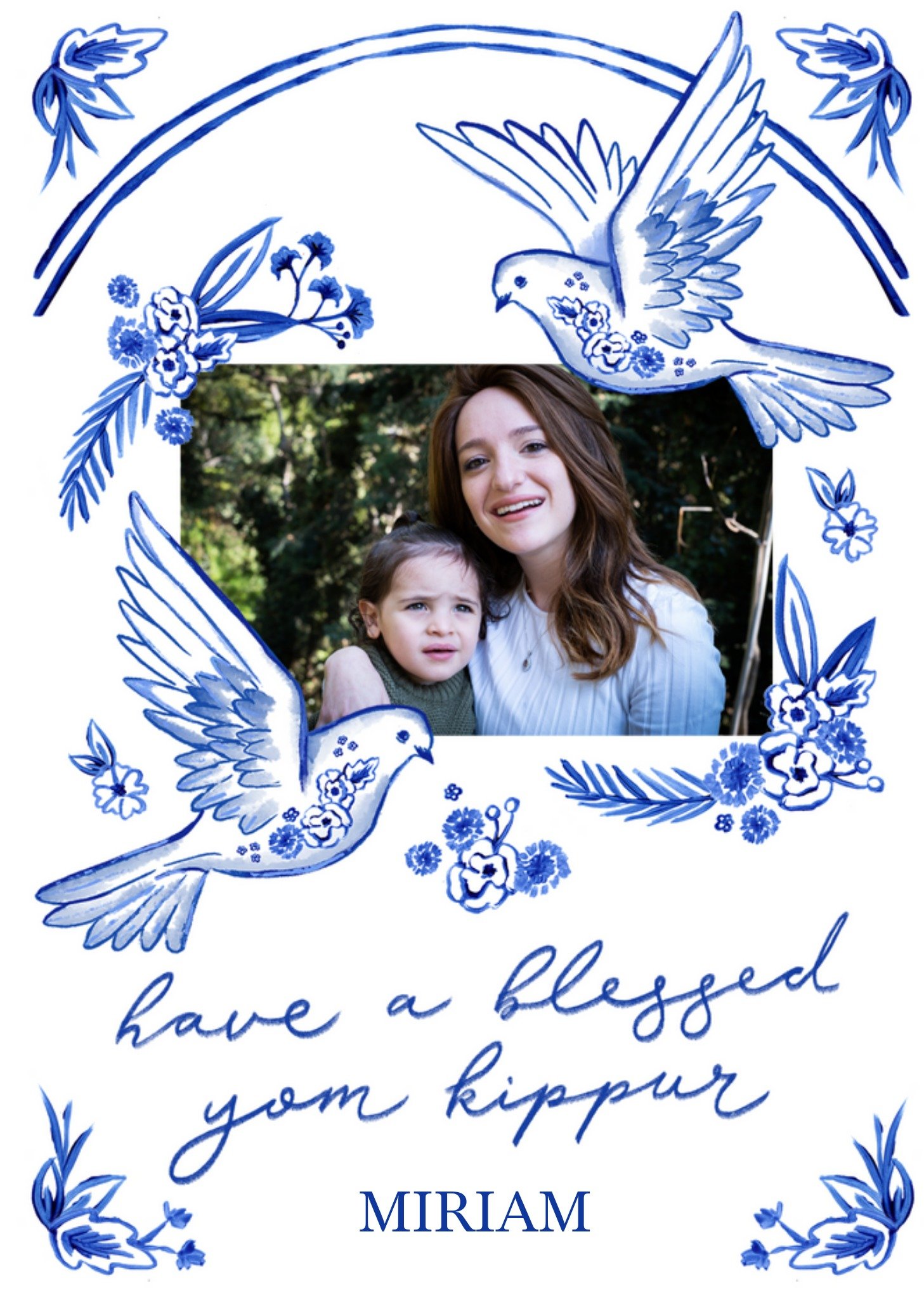 Moonpig Blue Beautiful Painted Birds And Flowers Blessed Yom Kippur Photo Upload Card, Large