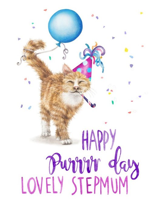Illustration Cat Happy Purrrr day Lovely Step Mum Birthday Card