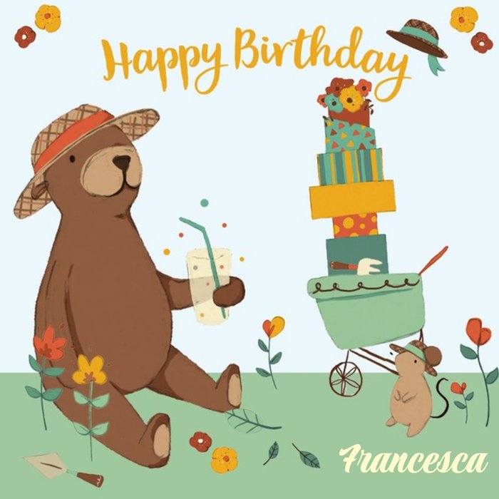 Personalised Bear In The Garden Happy Birthday Card