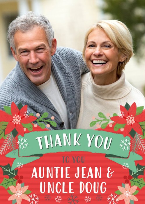 Folk Flowers Photo Upload Christmas Thank You Card For Auntie And Uncle