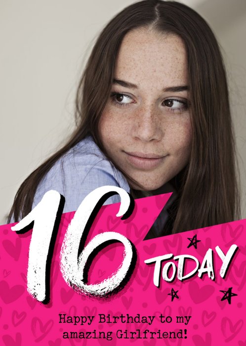 Pink Typographic Photo Upload Girlfriend 16th Birthday Card