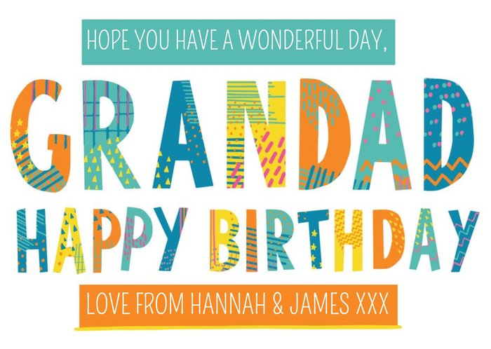 Bright Patterned Letters Grandad Happy Birthday Card
