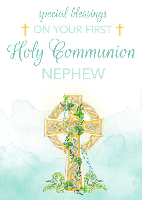 Gold Cross First Holy Communion Nephew Card