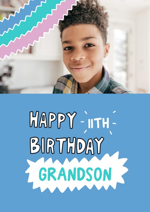 Angela Chick Illustrated Stripe Pattern Grandson 11th Photo Upload Birthday Card