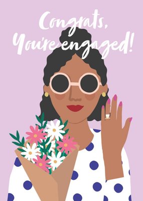 Illustration Of A Woman With An Engagement Ring And Flowers You're Engaged Congratulations Card