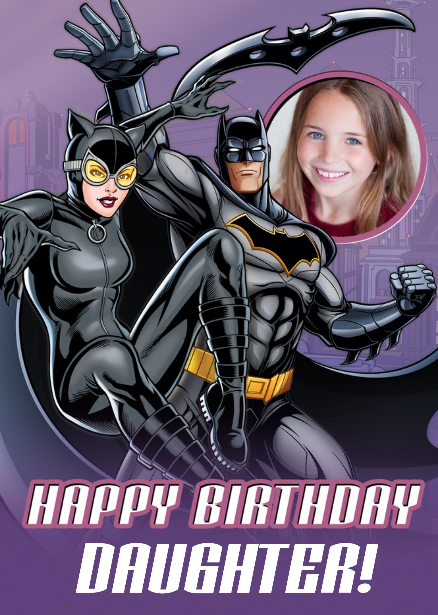 Illustrated Batman And Catwoman Photo Upload Daughter Birthday Card, Large