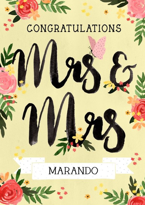 Traditional Illustrated Congratulations Mrs And Mrs Floral Wedding Card