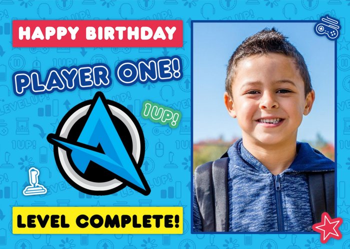 Ali A Player One Level Complete Gaming Happy Birthday Photo Upload Card