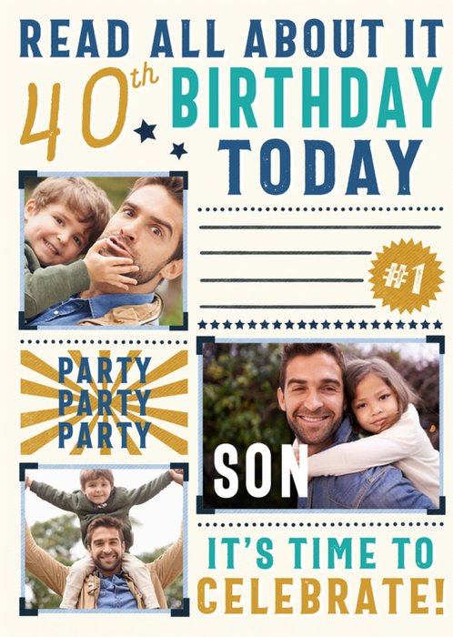Typographic Read All About It Son 40th Birthday Multiple Photo Upload Card