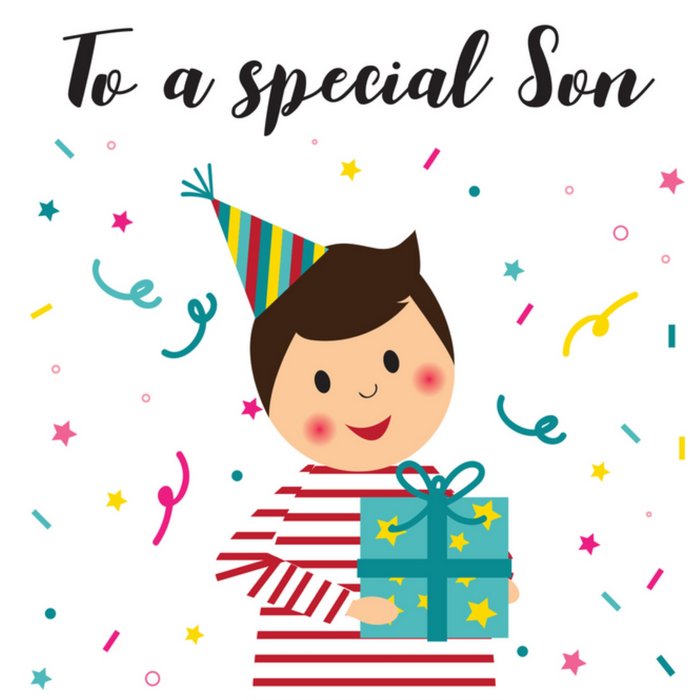 Cute To A Special Son Boy Wearing Party Hat And Holding Present Card