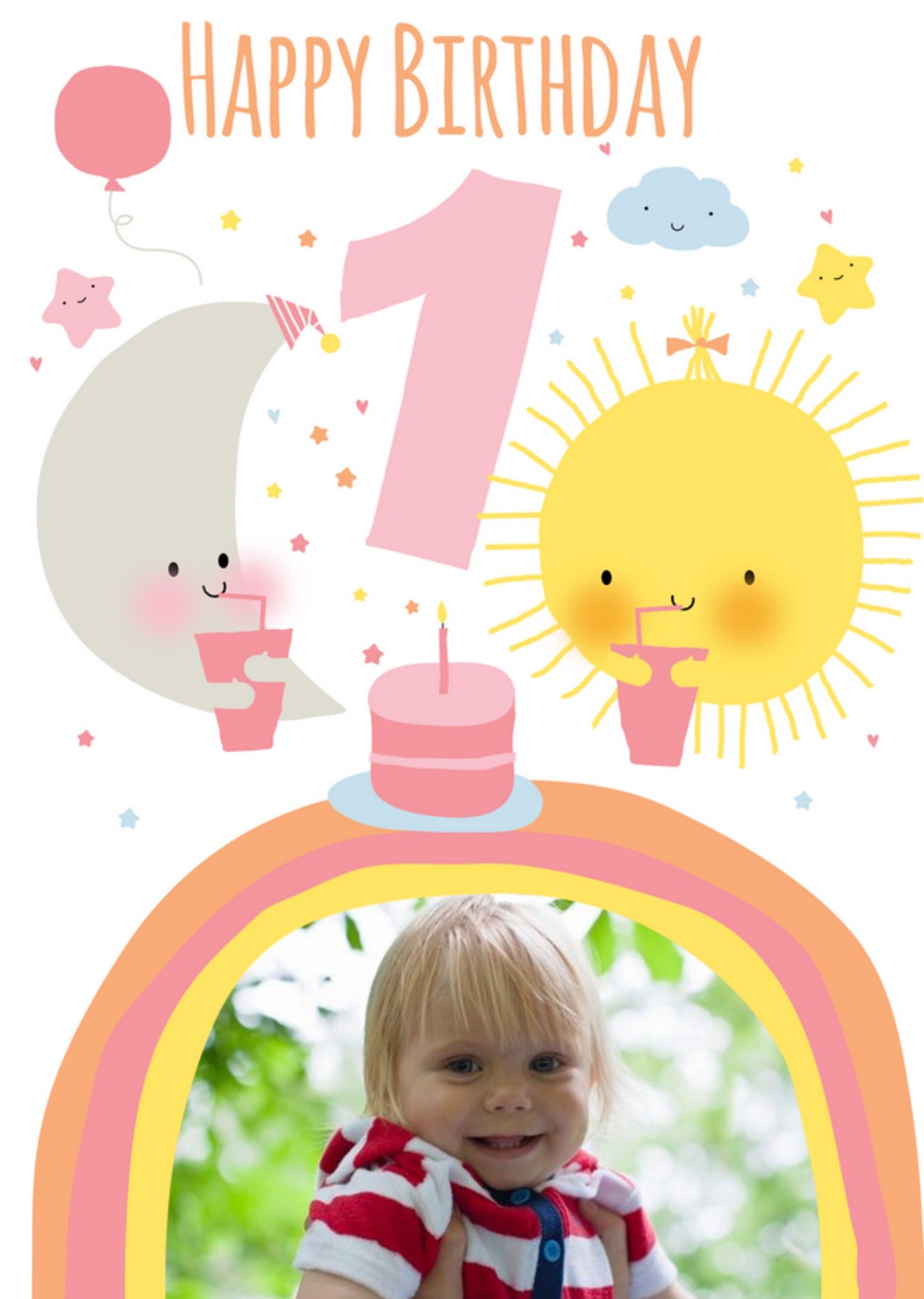 Cute Sun And Moon Personalised Photo Upload Happy 1st Birthday Card Ecard