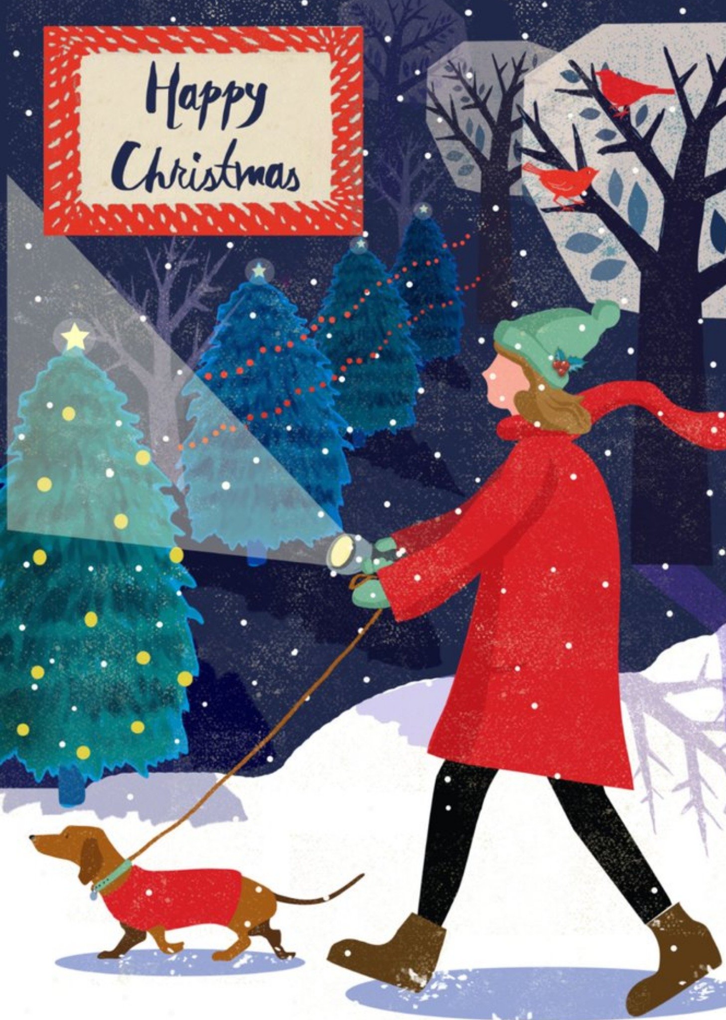 Moonpig Cute Illustrative Winter Night Sausage Dog Christmas Card Ecard