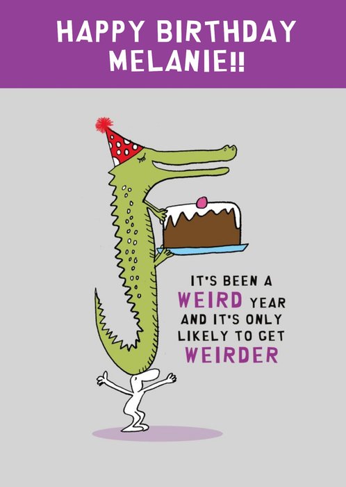 Illustration Of A Character Balancing A Crocodile Holding A Cake On His Head Birthday Card