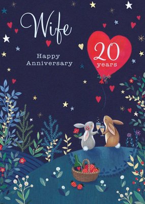 Cute Illustrated Rabbit Woodlands Customisable 20th Anniversary Card