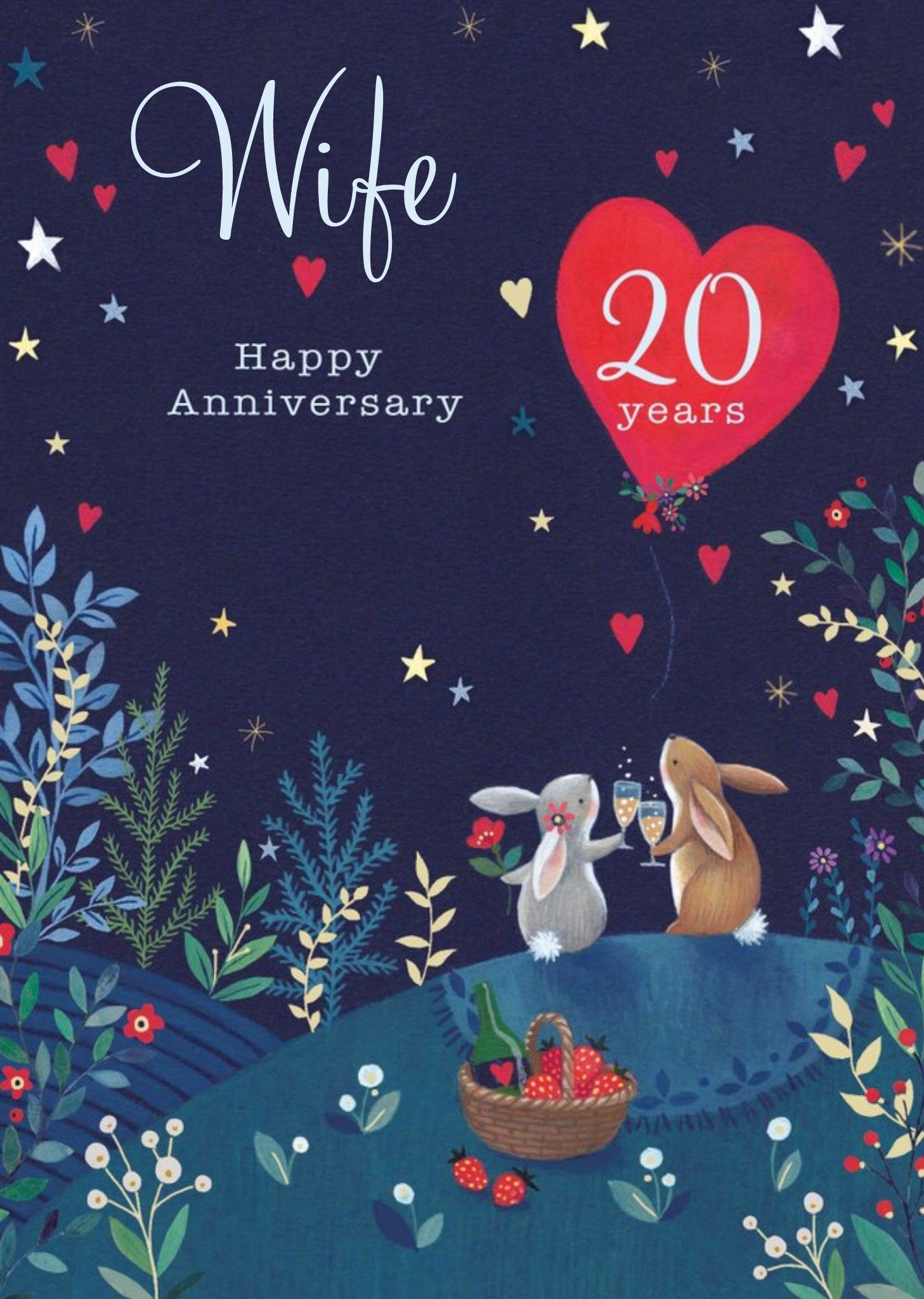 Moonpig Cute Illustrated Rabbit Woodlands Customisable 20th Anniversary Card Ecard