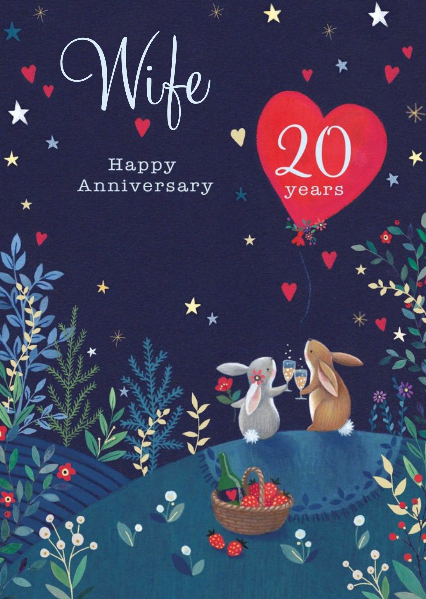 Cute Illustrated Rabbit Woodlands Customisable 20th Anniversary Card Ecard