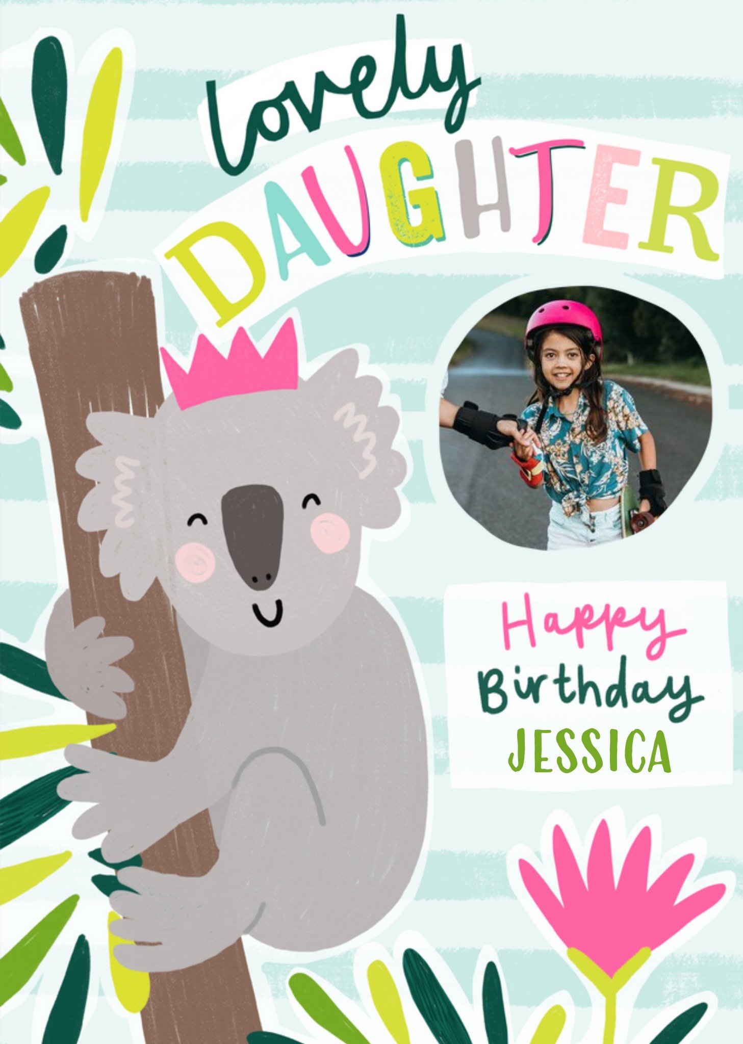 Moonpig Party Pals Illustrated Koala Customisable Photo Upload Daughter Birthday Card Ecard