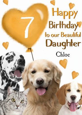 Photo Of Dogs And Cats With Birthday Balloon Daughter 7th Birthday Card