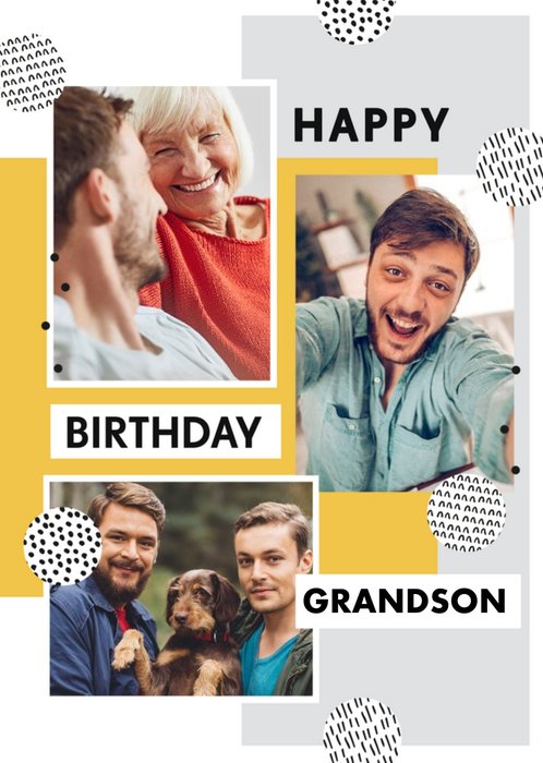 Geometric Shapes Three Photo Upload Grandson Birthday Card