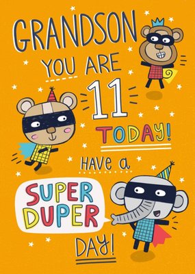 Animal Illustrations Grandson You Are 11 Today Have A Super Day Birthday Card