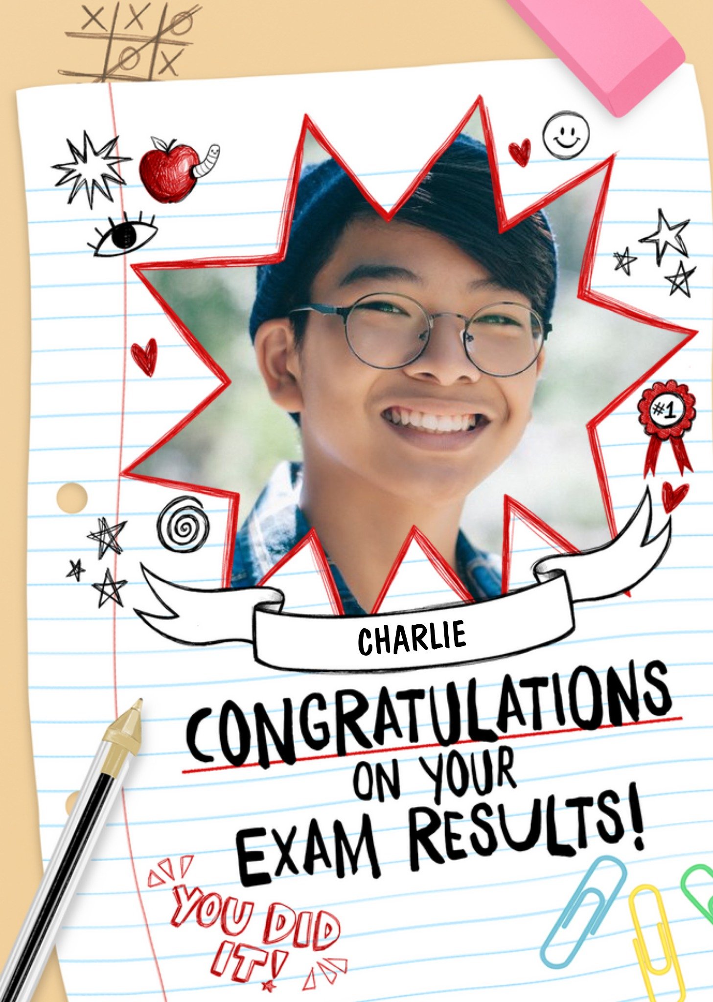 School Themed Illustration With Note Paper Congratulations On Your Exam Results Photo Upload Card