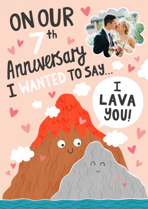 Cute Volcano 7th Year Anniversary Photo Upload Card