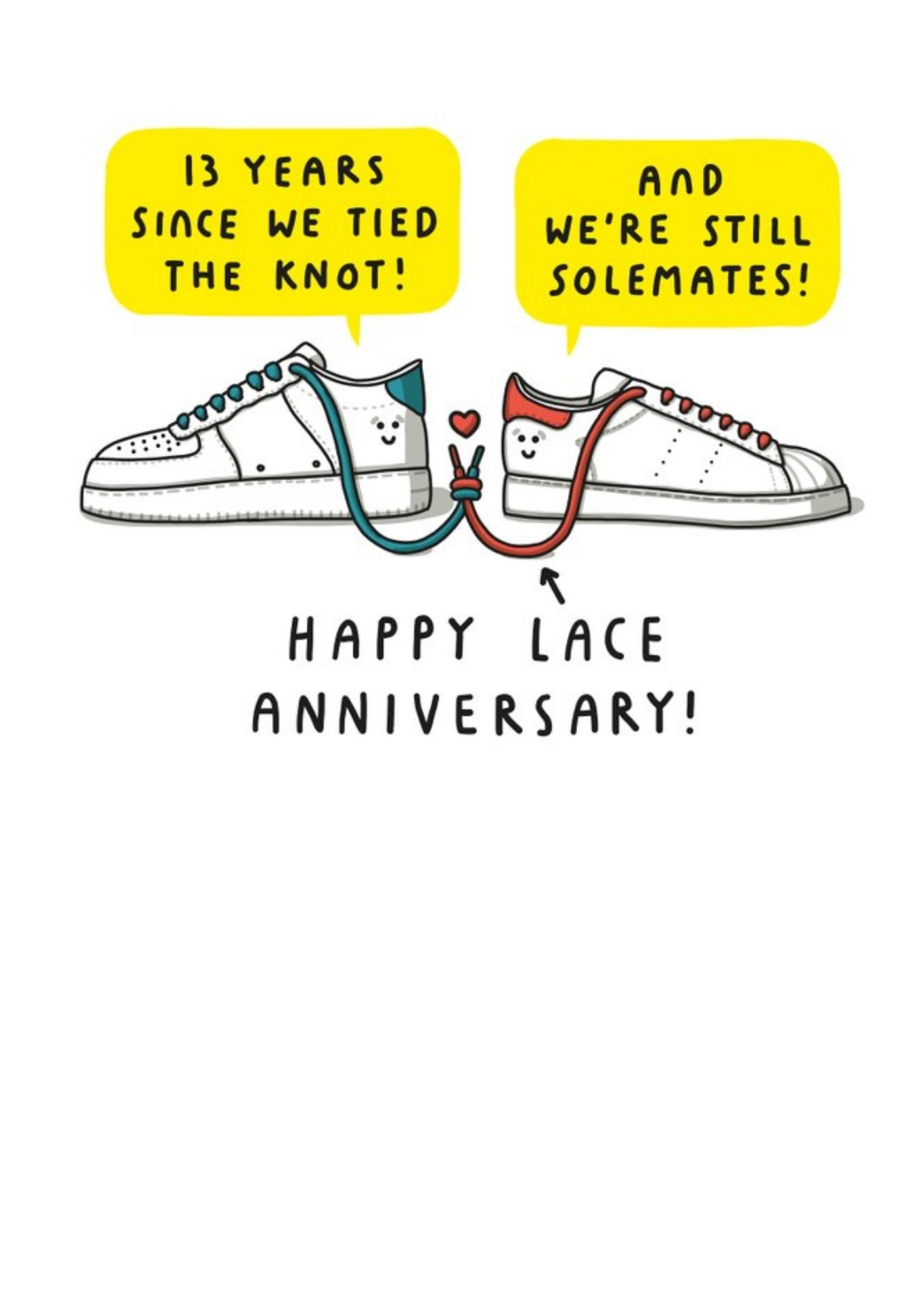 Pair Of Trainers Tying The Knot Cartoon Illustration Thirteenth Anniversary Funny Pun Card Ecard