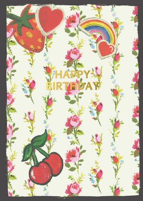 Illustrated Flowers And Fruit Happy Birthday Card