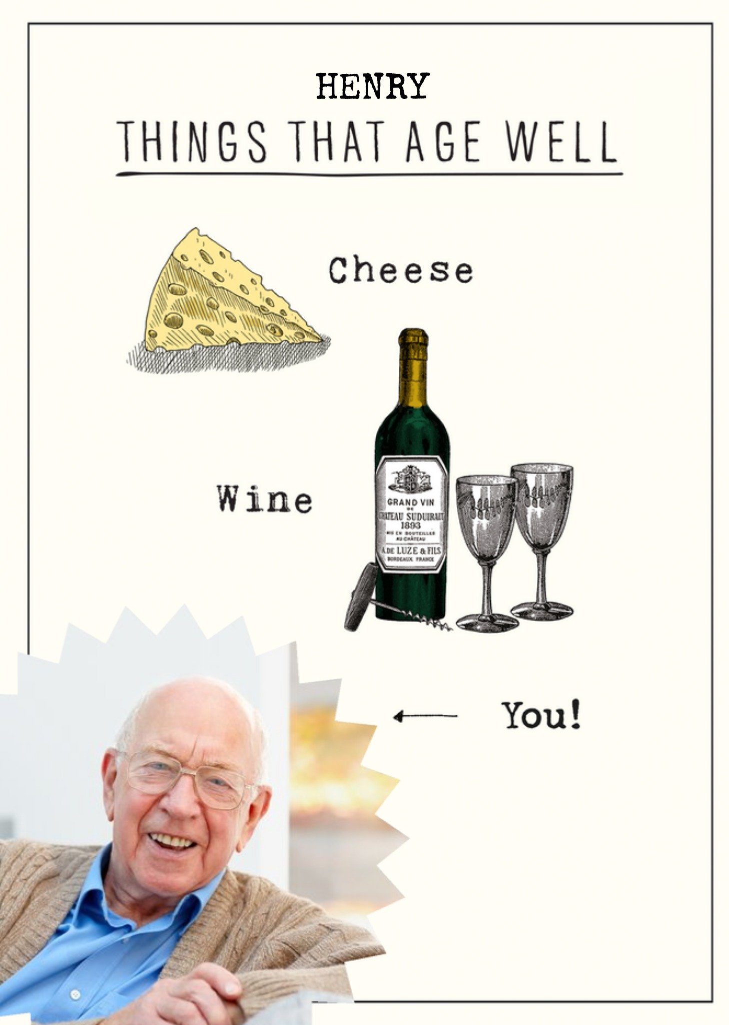 Moonpig Funny Photo Upload Wine And Cheese Birthday Card, Large