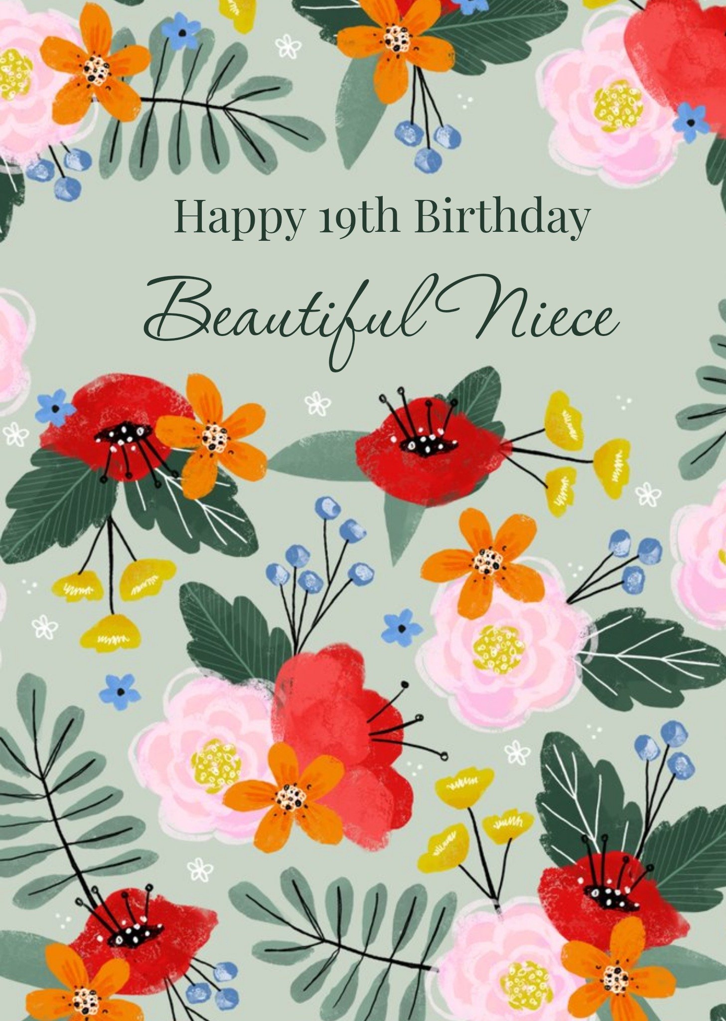 Okey Dokey Design Okey Dokey Illustrated Floral Beautiful Niece 19th Birthday Card Ecard