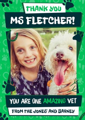 Picture Frame On A Green Animal Themed Background One Amazing Vet Photo Upload Thank You Card