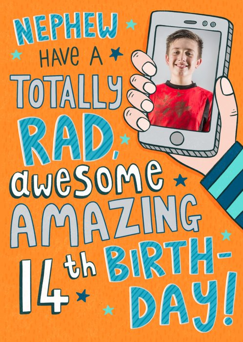 Fun Bright Illustration Smart Phone Nephew Totally Rad Nephew 14th Birthday Photo Upload Card