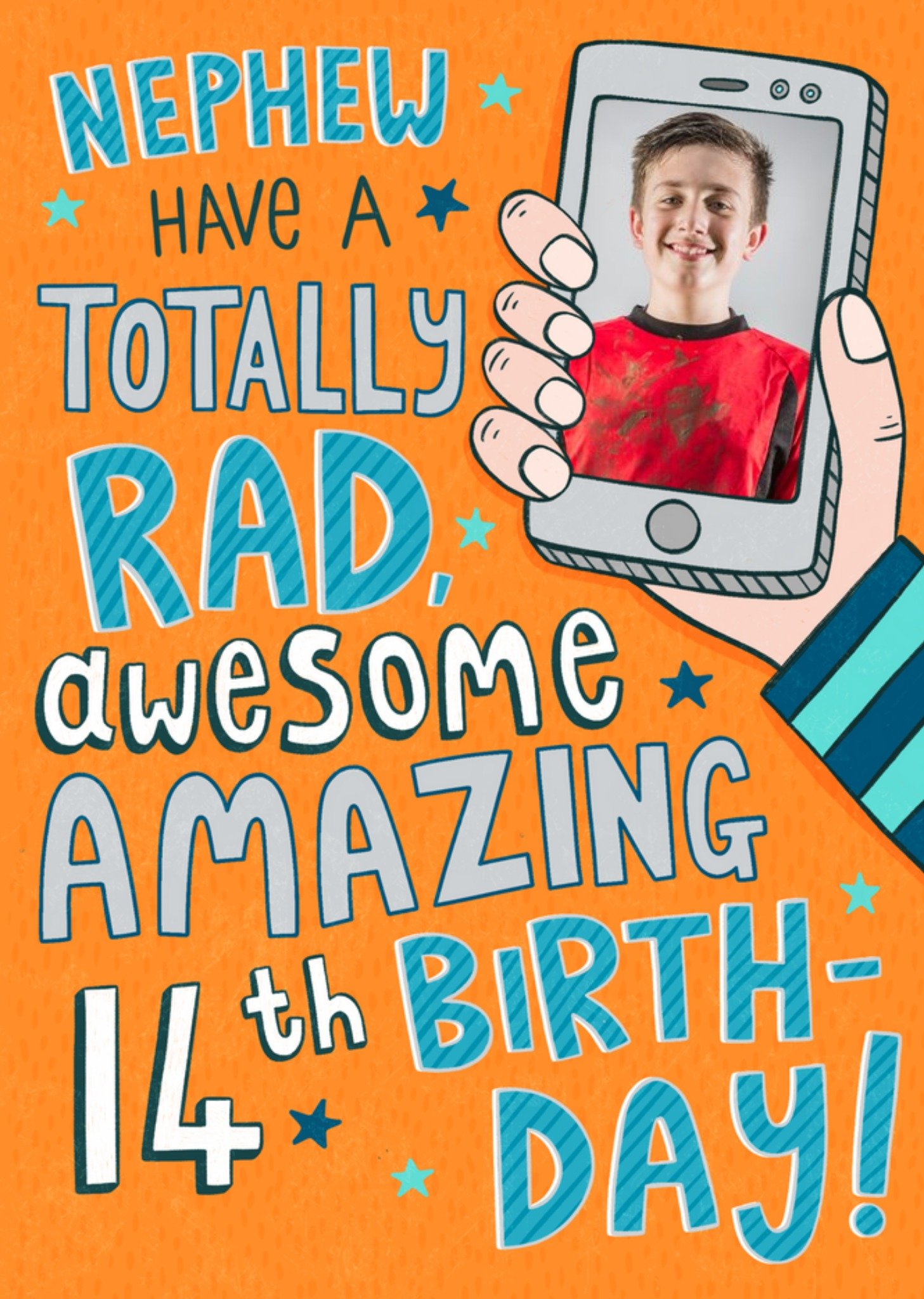 Fun Bright Illustration Smart Phone Nephew Totally Rad Nephew 14th Birthday Photo Upload Card Ecard