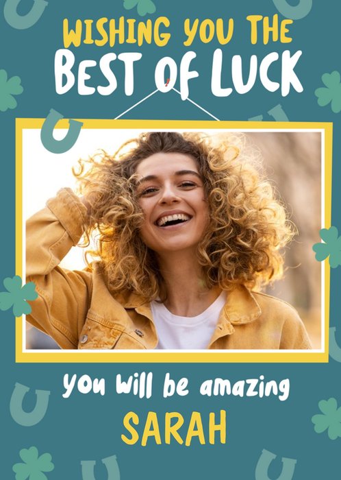 Yellow Photo Frame Surrounded By Four Leaf Clovers And Horseshoes Best Of Luck Photo Upload Card