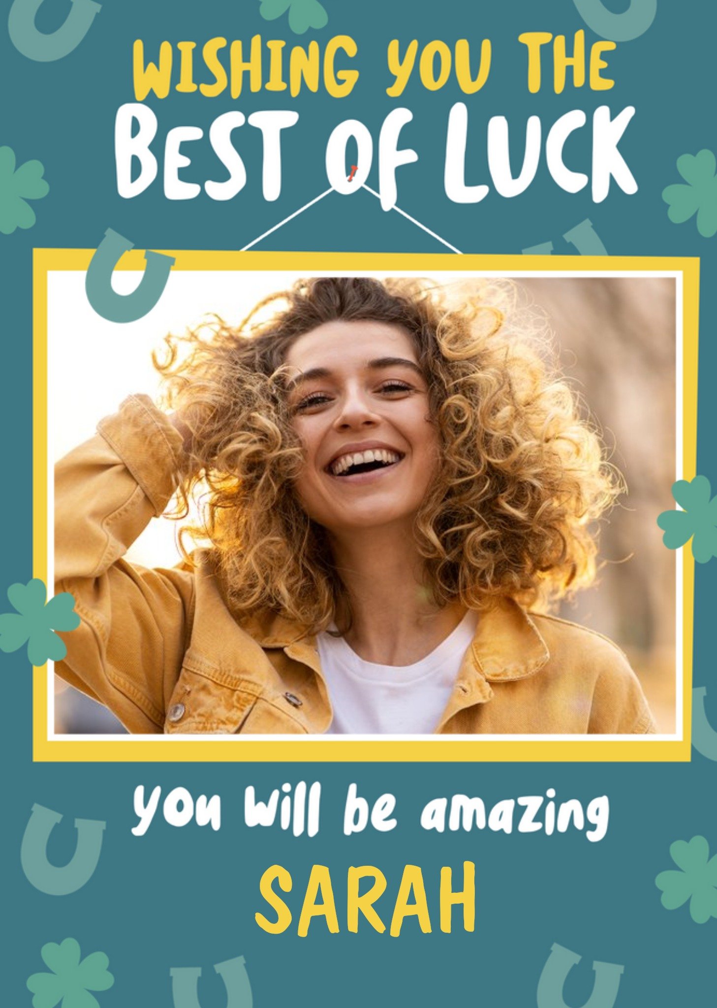 Yellow Photo Frame Surrounded By Four Leaf Clovers And Horseshoes Best Of Luck Photo Upload Card Ecard