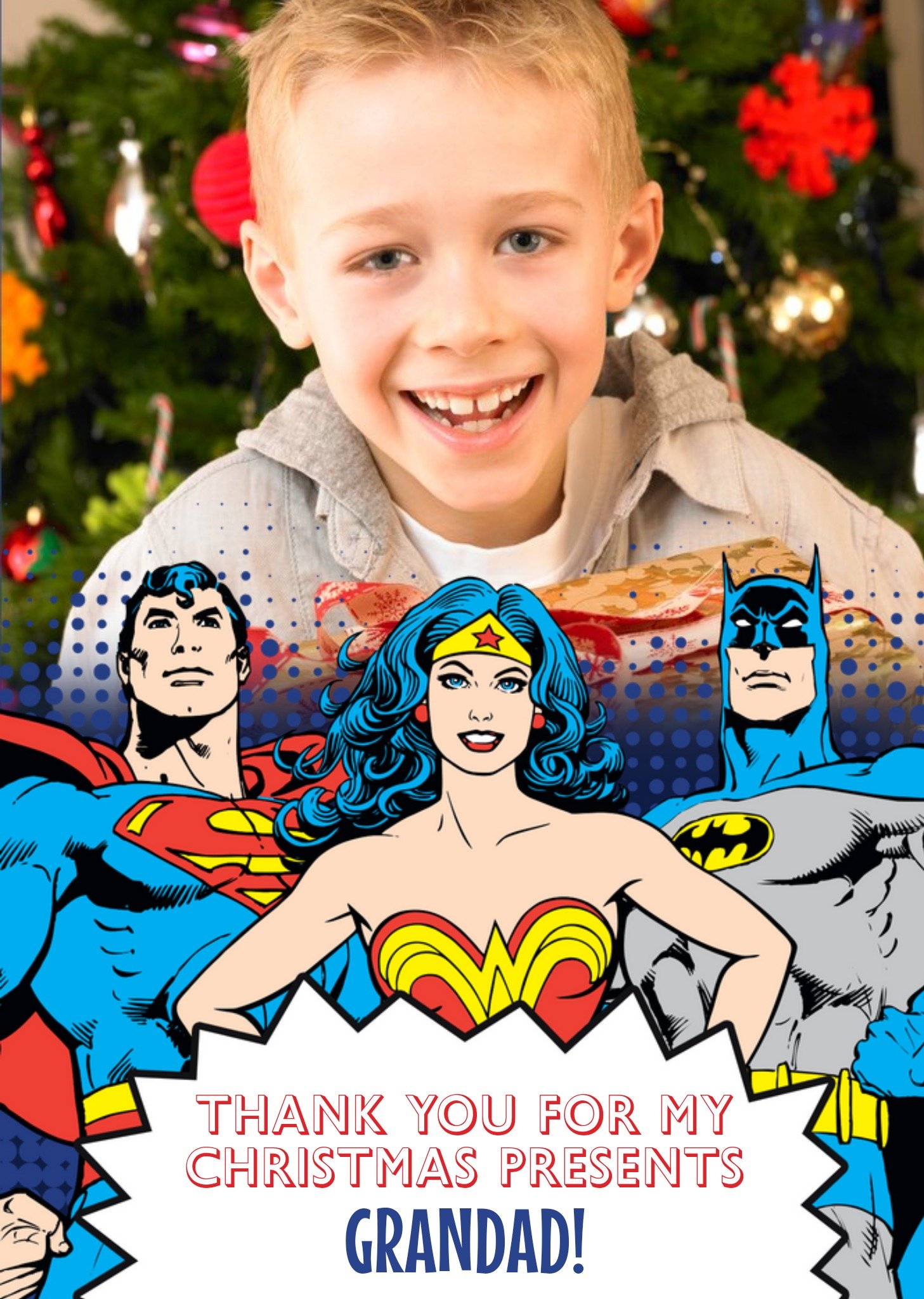 Superman Wonderwoman Batman Personalised Thank You Christmas Card For Grandad, Large